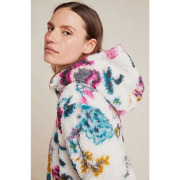 ANTHROPOLOGIE Saturday Sunday Rosemarie Hooded Sherpa Jacket Teddy Sweater Flora - Picture 4 of 12